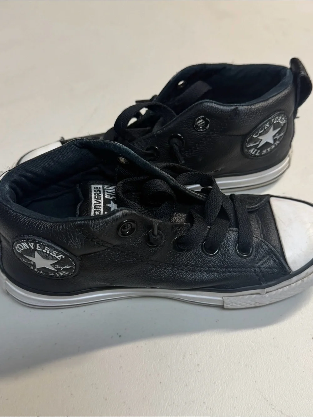 Converse Kids Black Leather High-Top Sneakers with White Toe kids 13